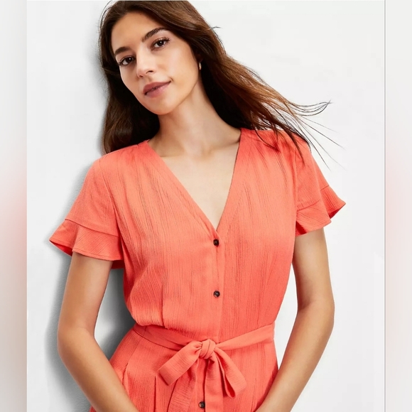 Loft V Neck Midi Shirt Dress Coral Button Down Sundress Size 0 - Picture 2 of 13